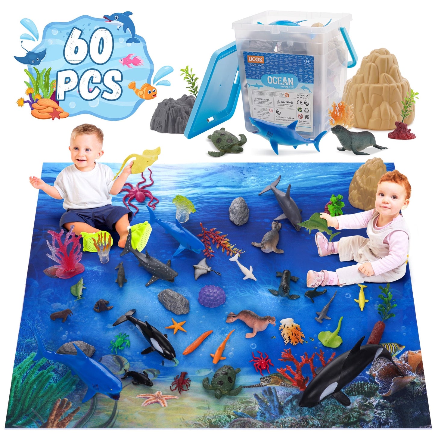 Wisairt Ocean Sea Animal Toys for kids,60 PCS Ocean Play Set with Activity Play Mat,Figure Toys Gift for Boys Girls Toddles Ages 3+