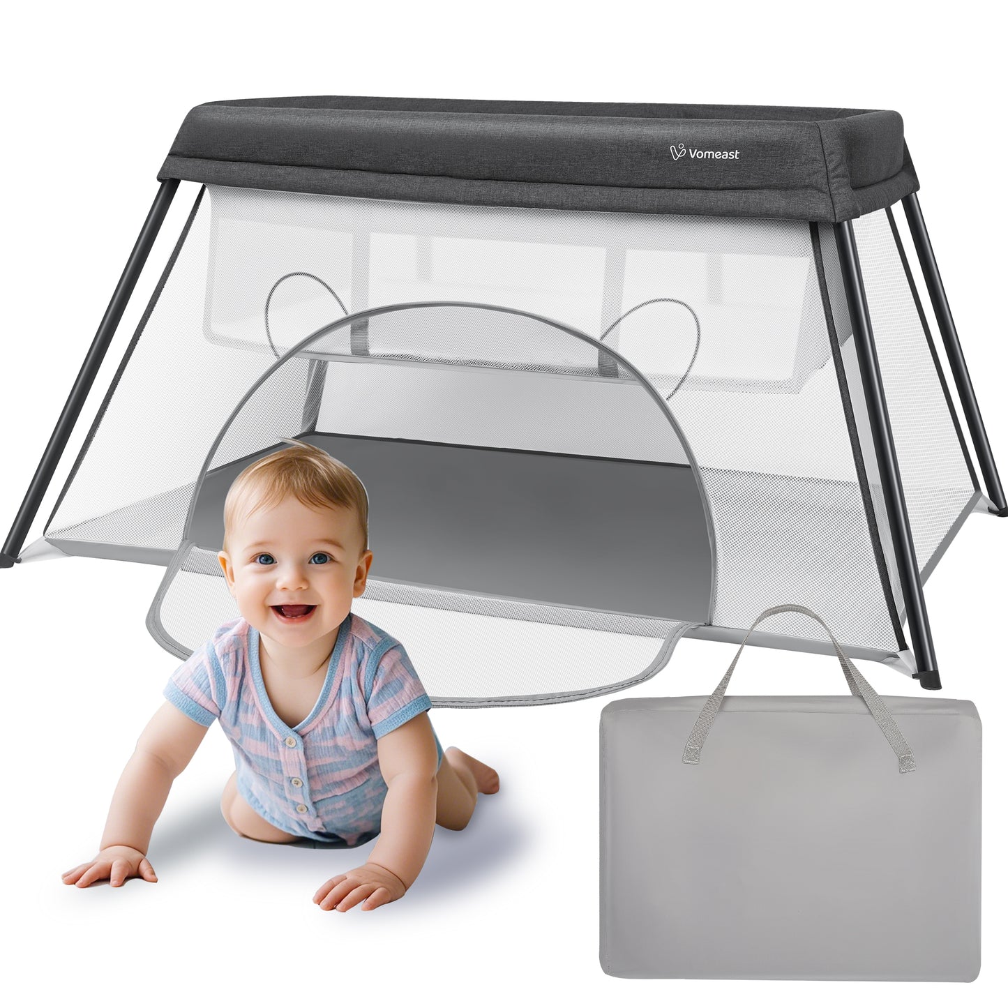 Vomeast Travel Crib, Baby Bassinet Portable Crib, Travel Playard Foldable with Baby Mattress, Gray